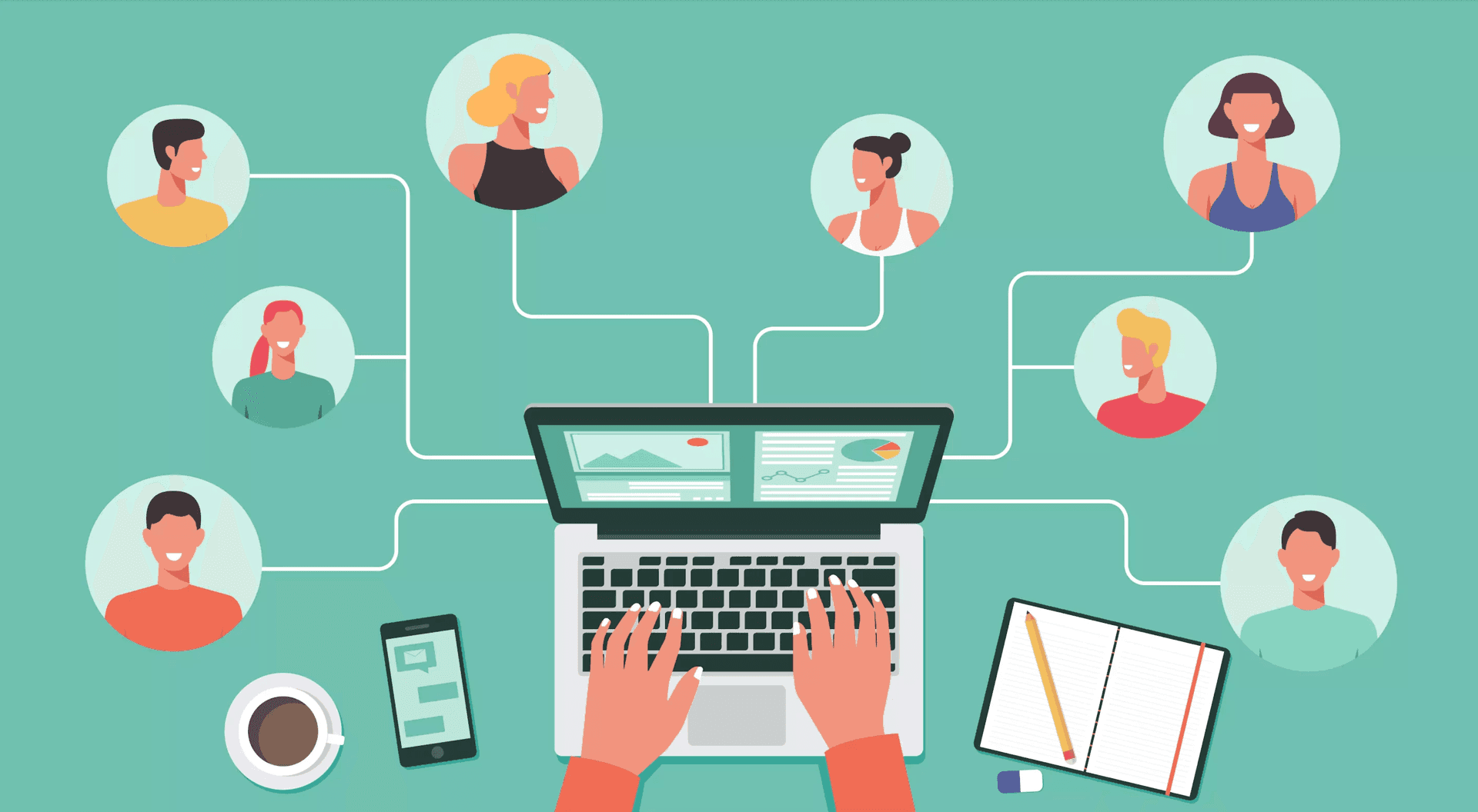 Illustration of hands typing on a laptop surrounded by connected profile icons, symbolizing online networking.